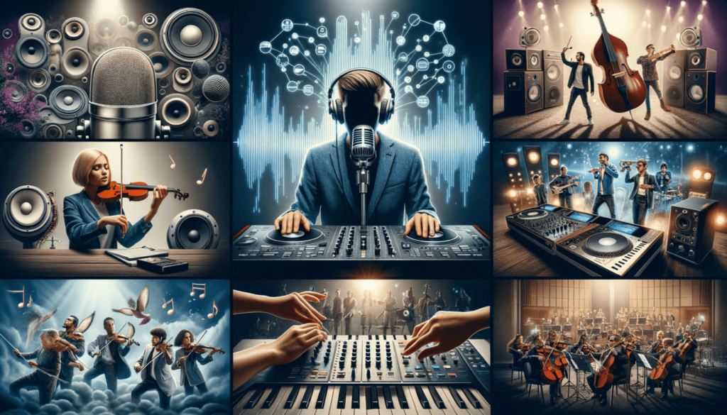 Kolase yang mengilustrasikan berbagai genre musik yang dipengaruhi oleh efek suara. Gambar menunjukkan representasi musik pop, elektronik, dan klasik.