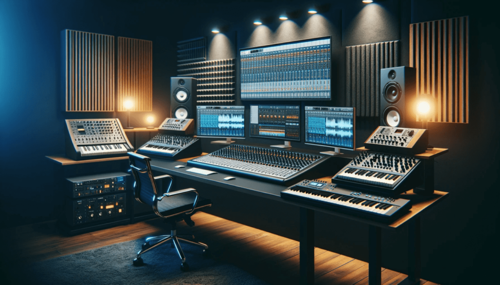 Studio produksi musik modern dengan berbagai peralatan digital dan analog, termasuk meja mixing, monitor komputer yang menampilkan produksi musik