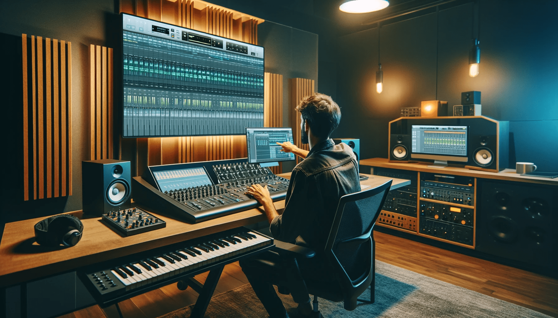 Seorang artis di studio produksi musik modern, bereksperimen dengan beragam efek suara pada digital audio workstation (DAW). Studio ini memiliki fitur