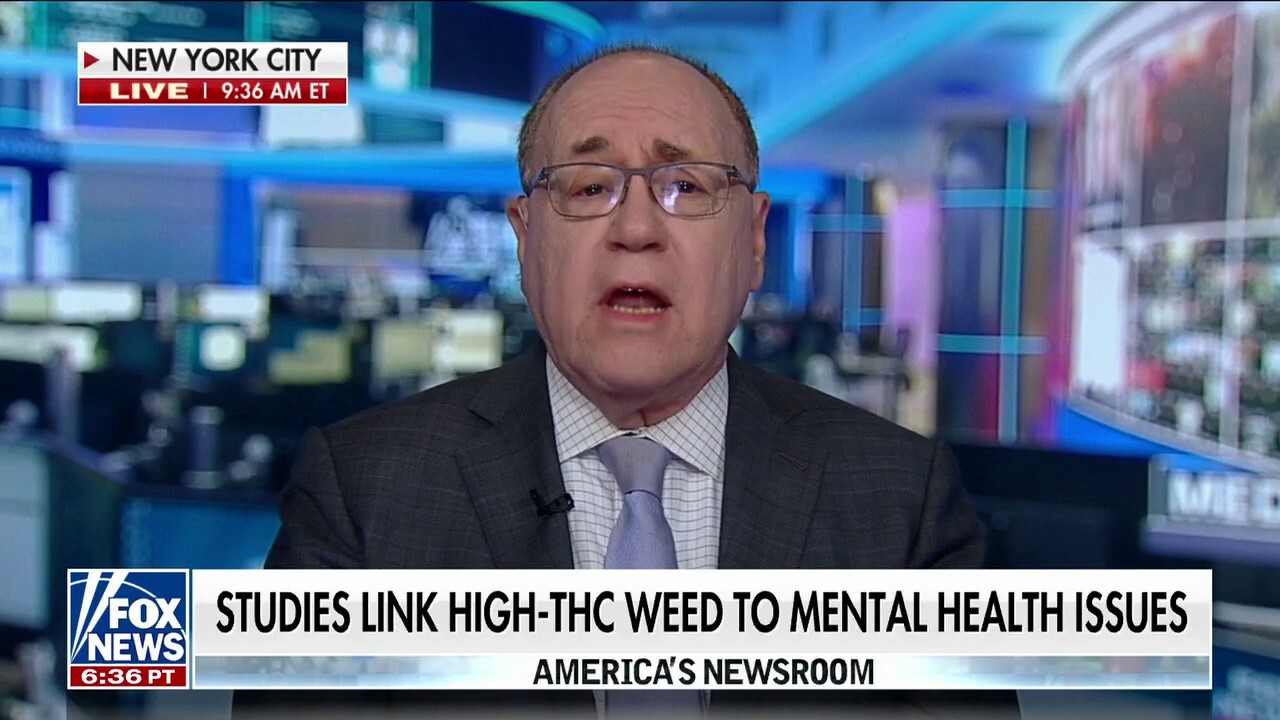 A news anchor is reporting on a study that suggests a link between high-THC weed and mental health issues.