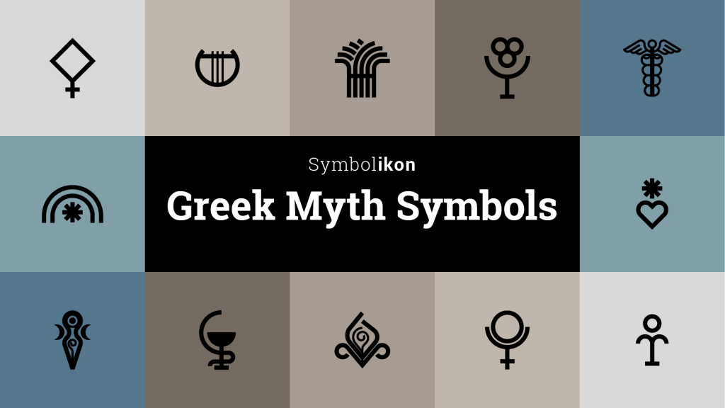 Black and white drawings of Greek mythological symbols including a diamond, lyre, caduceus, eight-pointed star, rainbow, heart, and more.
