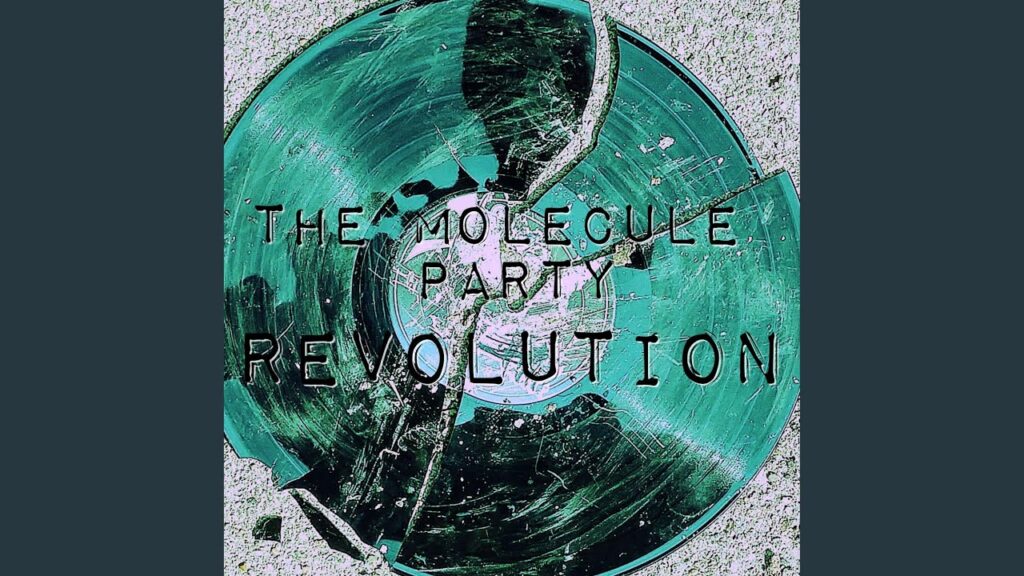 A broken green vinyl record with the text "The Molecule Party Revolution" laying on a solid gray background.