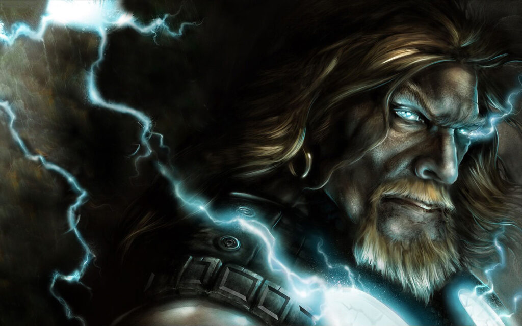 A digital painting of Thor, the Norse god of thunder, with long blond hair and a beard, surrounded by lightning.