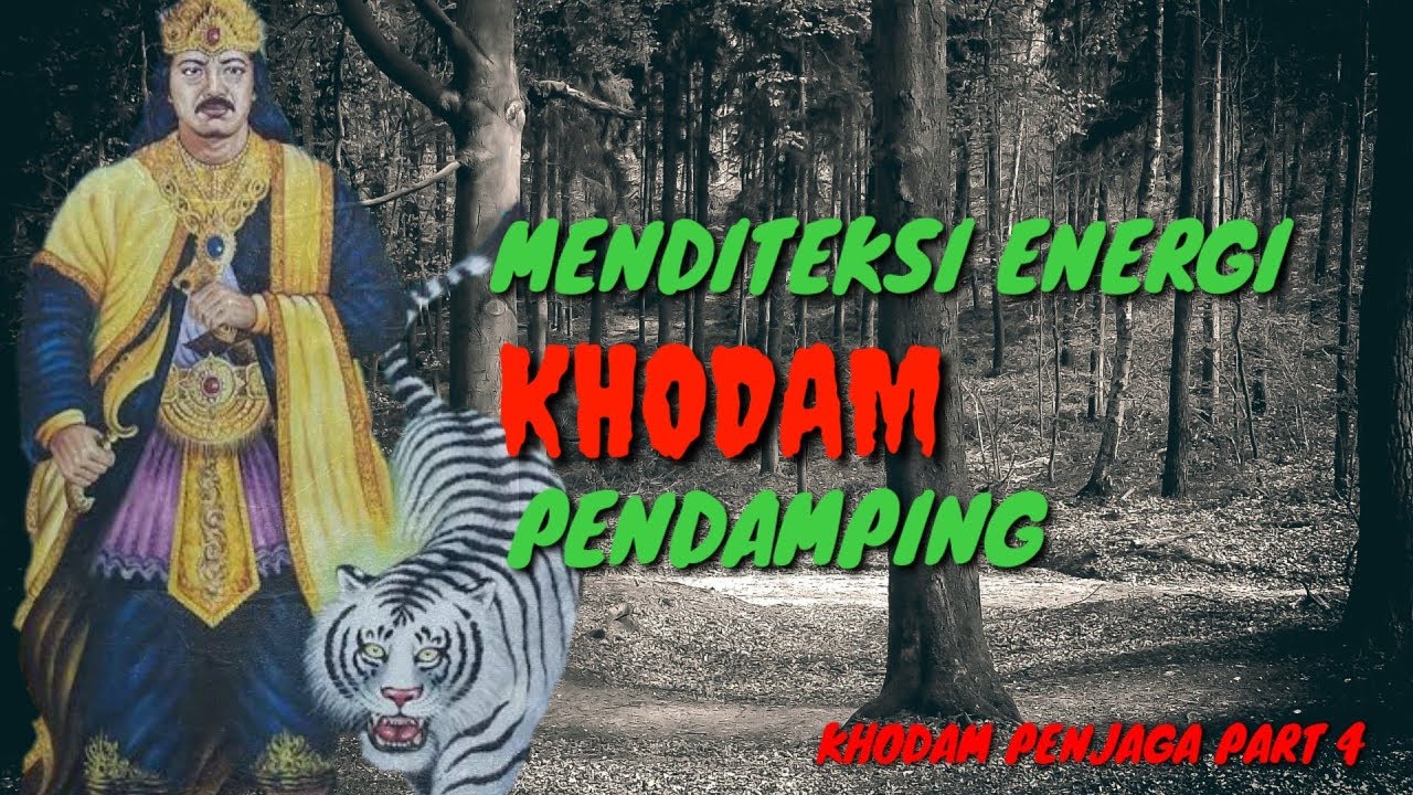 The image shows a thumbnail of a video about detecting the energy of khodam, a spiritual guardian, with a tiger in the background.