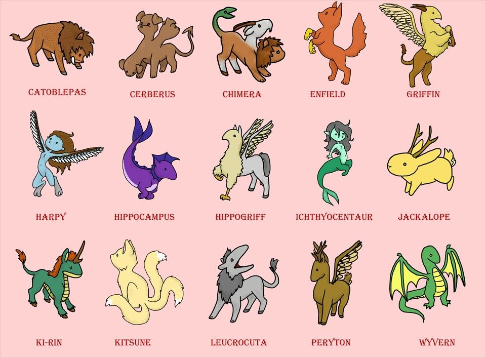 A collage of mythological animals representing good luck in different cultures, including the Catoblepas, Cerberus, Chimera, Enfield, Griffin, Harpy, Hippocampus, Hippogriff, Ichthyocentaur, Jackalope, Ki-rin, Kitsune, Leucrotta, Peryton, and Wyvern.