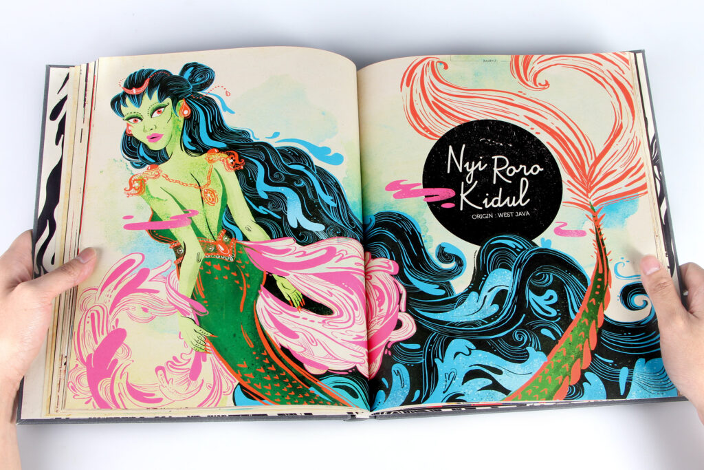 An illustration of a green-skinned mermaid with long black hair and a pink tail, with text reading 'Nyi Roro Kidul - Origin: West Java'.