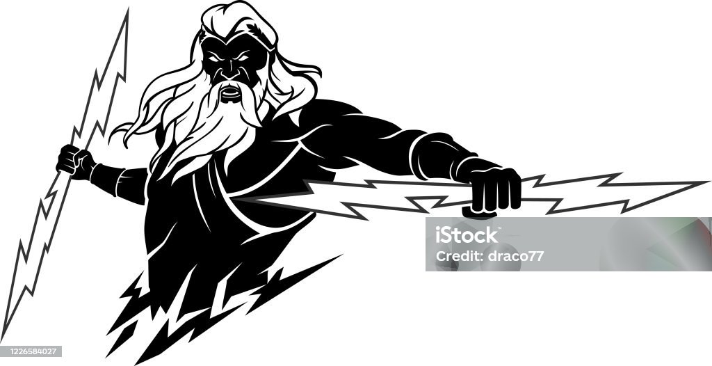 Zeus, the Greek god of thunder and lightning, is depicted with a lightning bolt in one hand and a scepter in the other.