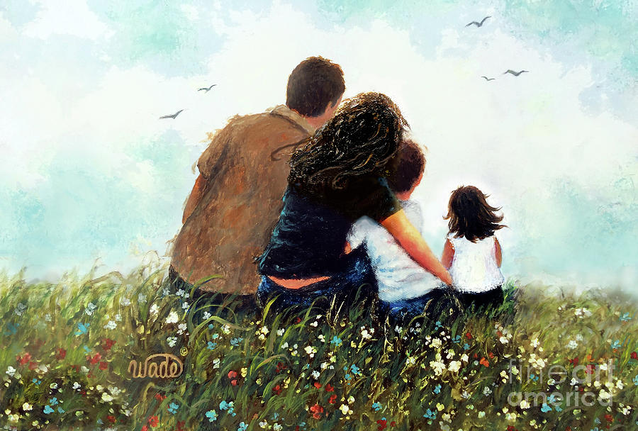 A painting of a mother, father, and daughter hugging in a field of flowers.