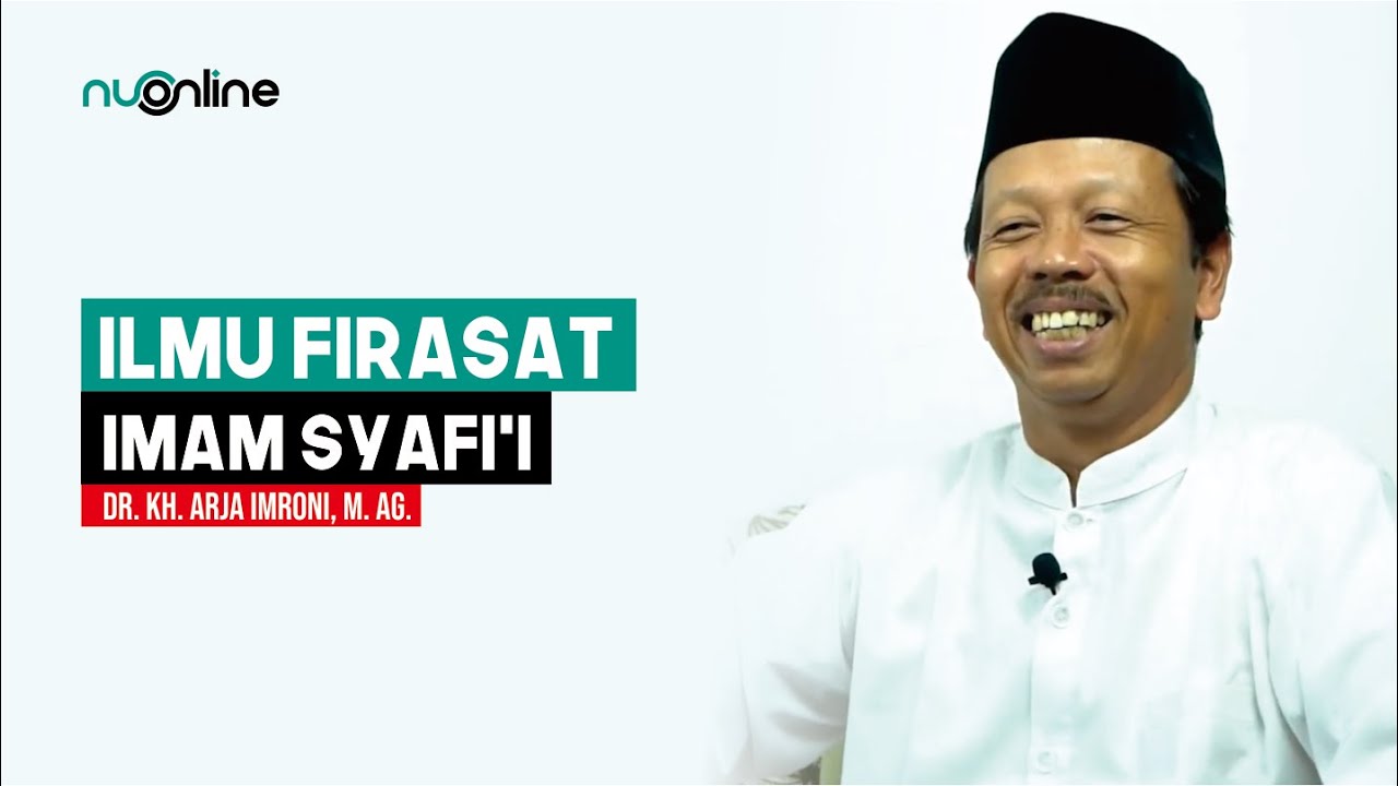 A photo of a smiling man in a white shirt and black cap with text Ilmu Firasat Imam Syafi'i, with Arabic calligraphy, on a green background.