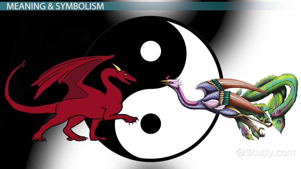 A red dragon and a green and blue phoenix face off in front of a black and white yin-yang symbol.