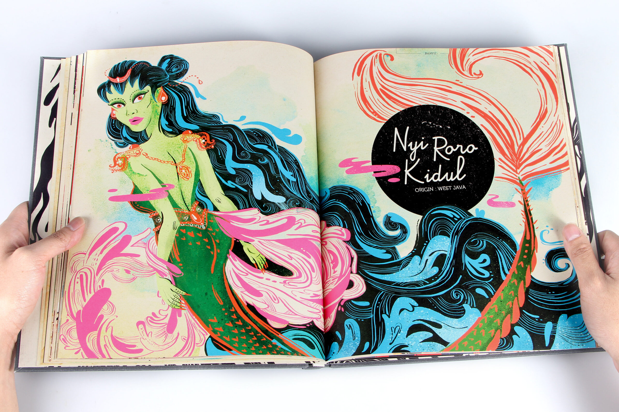 An illustration of Nyi Roro Kidul, a mythical Javanese mermaid, with green skin, long black hair, and a fish-like tail.