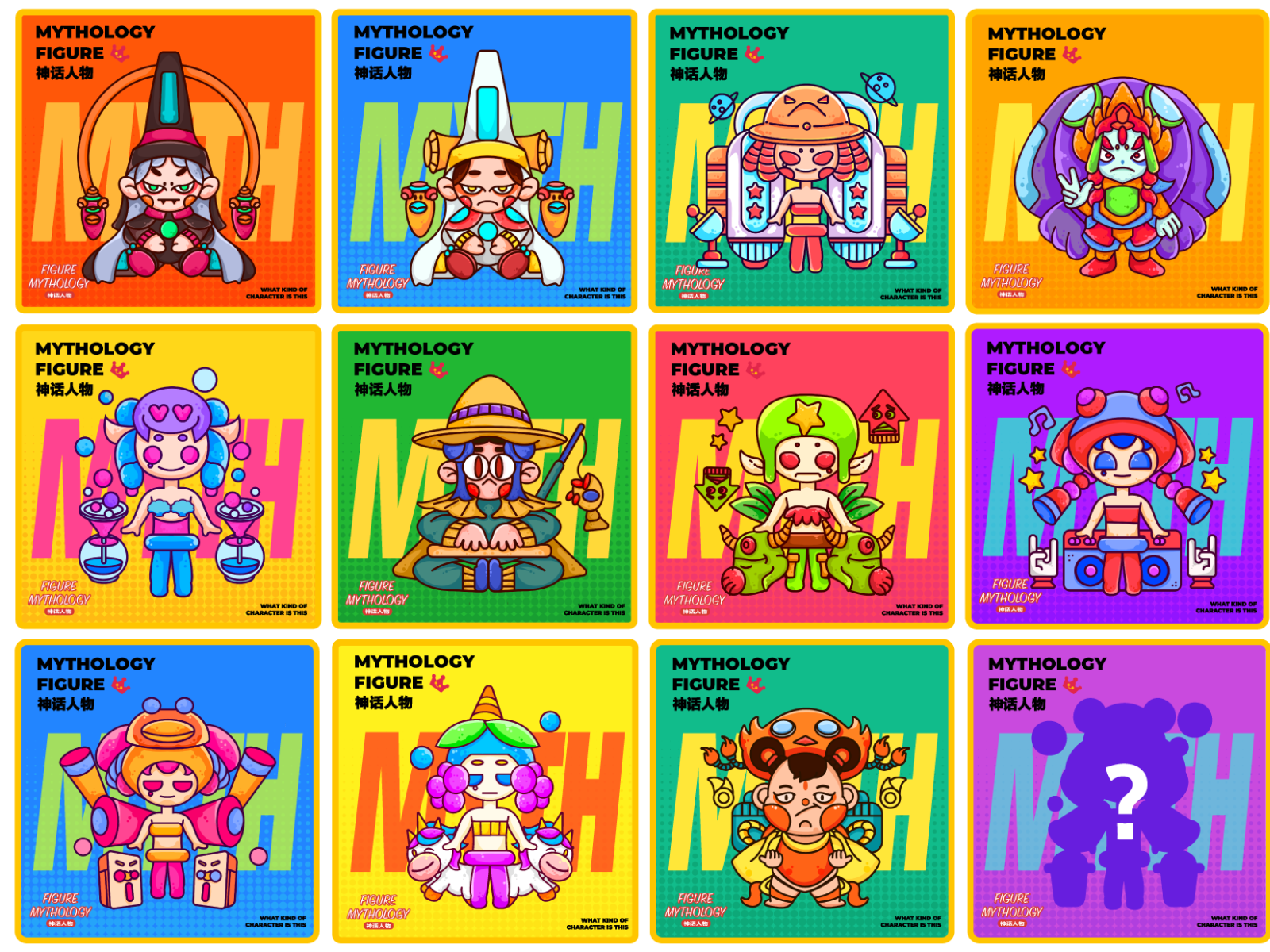 A grid of twelve colorful cartoon characters with text labels denoting that they are 'mythological figures' with 'moral messages'.