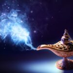 A person is rubbing a magic lamp and a genie is emerging from it.