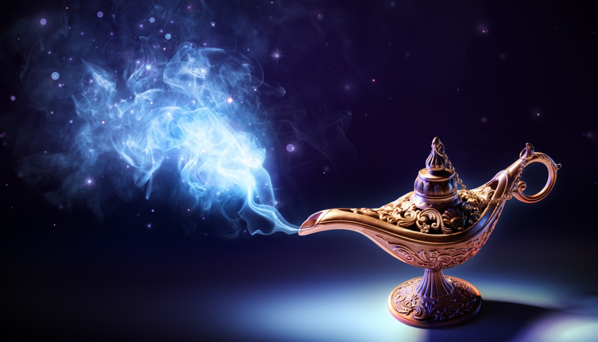 A person is rubbing a magic lamp and a genie is emerging from it.