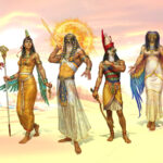 The image shows five Ancient Egyptian gods and goddesses with anthropomorphic features, namely Sekhmet, Hathor, Ra, Horus, and Anubis.
