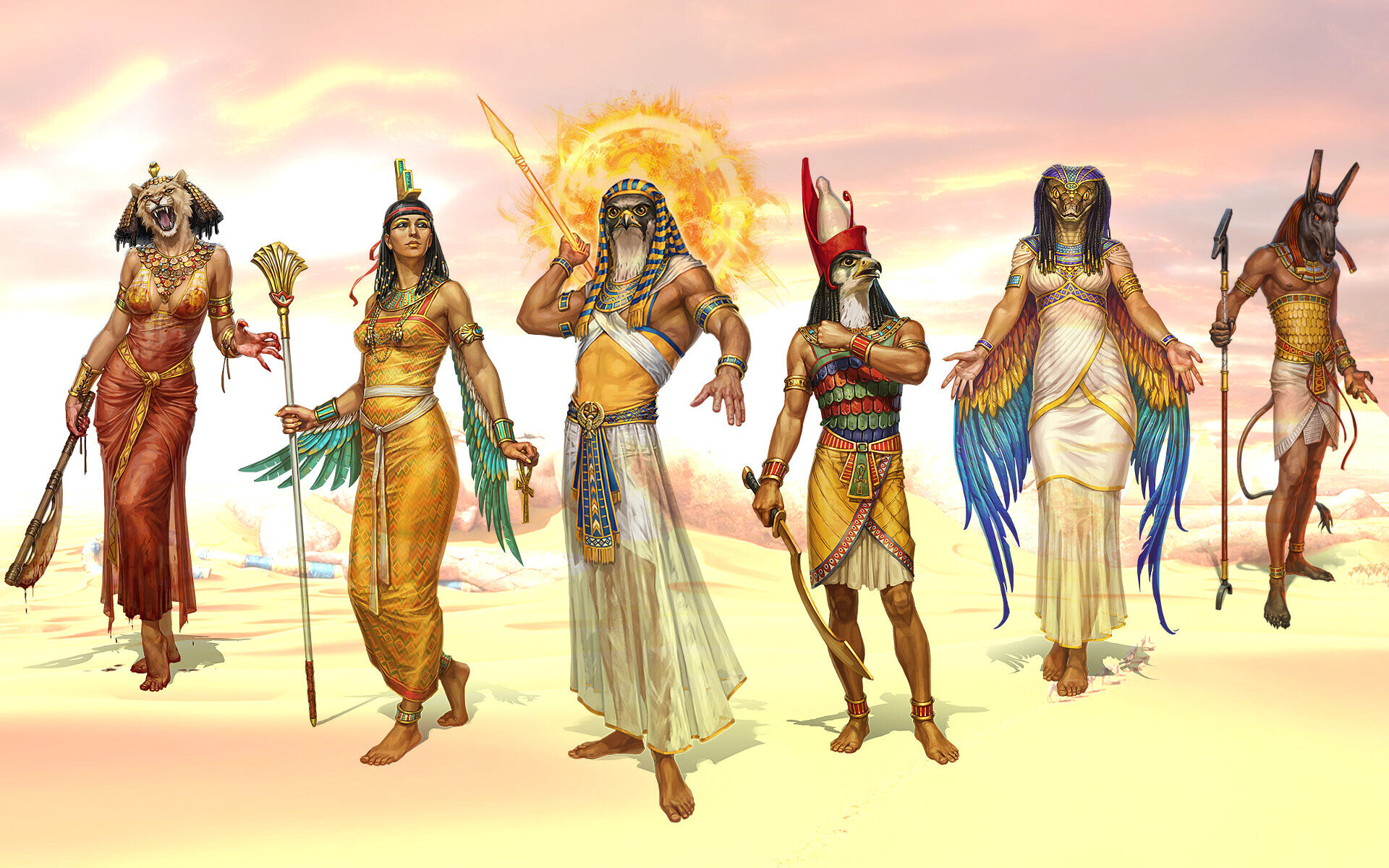 The image shows five Ancient Egyptian gods and goddesses with anthropomorphic features, namely Sekhmet, Hathor, Ra, Horus, and Anubis.