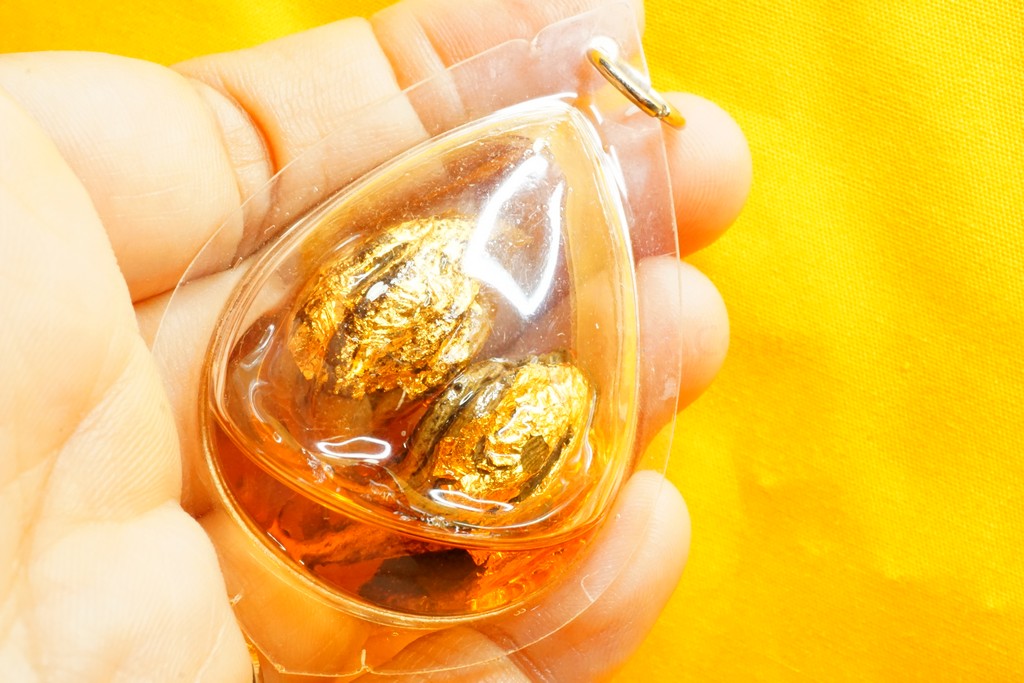 A hand holding a clear plastic pendant with two golden amulets inside.
