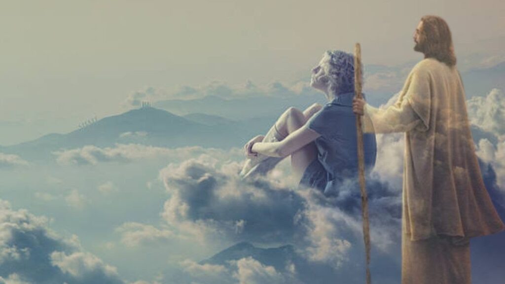 A person sleeping on a cloud and dreaming of meeting Jesus.