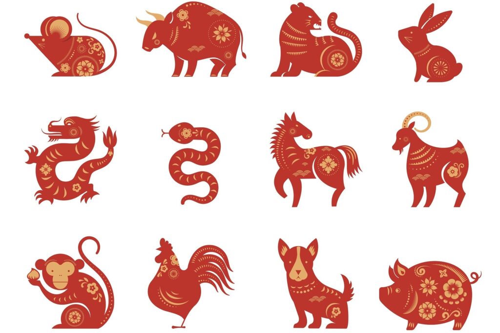 A red and gold illustration of the twelve animals of the Chinese zodiac, in order: rat, ox, tiger, rabbit, dragon, snake, horse, goat, monkey, rooster, dog, and pig.