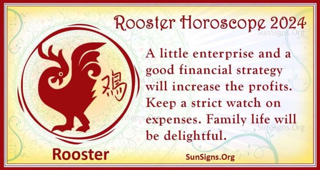 The image is of a red rooster inside a golden oval frame with text reading 'Rooster Horoscope 2024'. The horoscope text below it reads 'A little enterprise and a good financial strategy will increase the profits. Keep a strict watch on expenses. Family life will be delightful.'