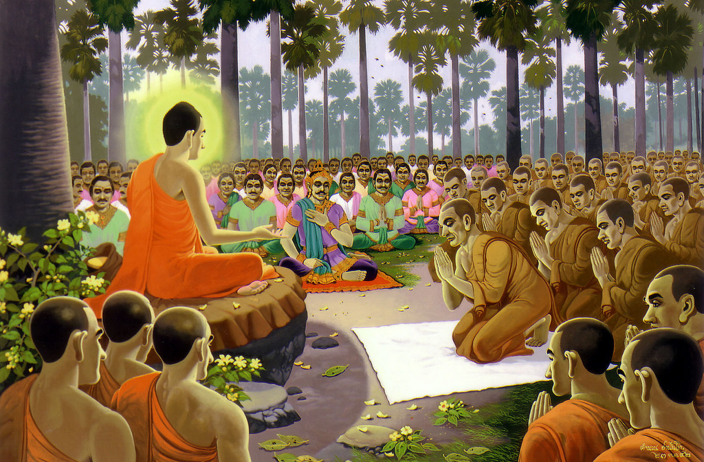 A painting depicting a gathering of Buddhist monks in a forest with a man in an orange robe sitting on a rock in front of them.