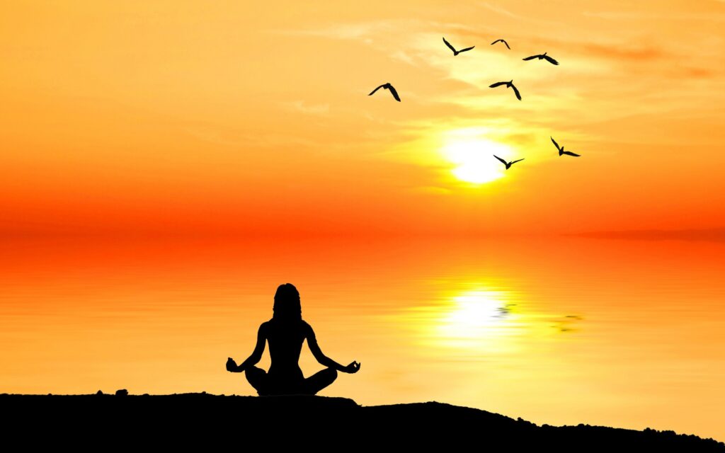 A person sits in meditation pose on a rock overlooking a body of water as the sun sets, birds are flying overhead.