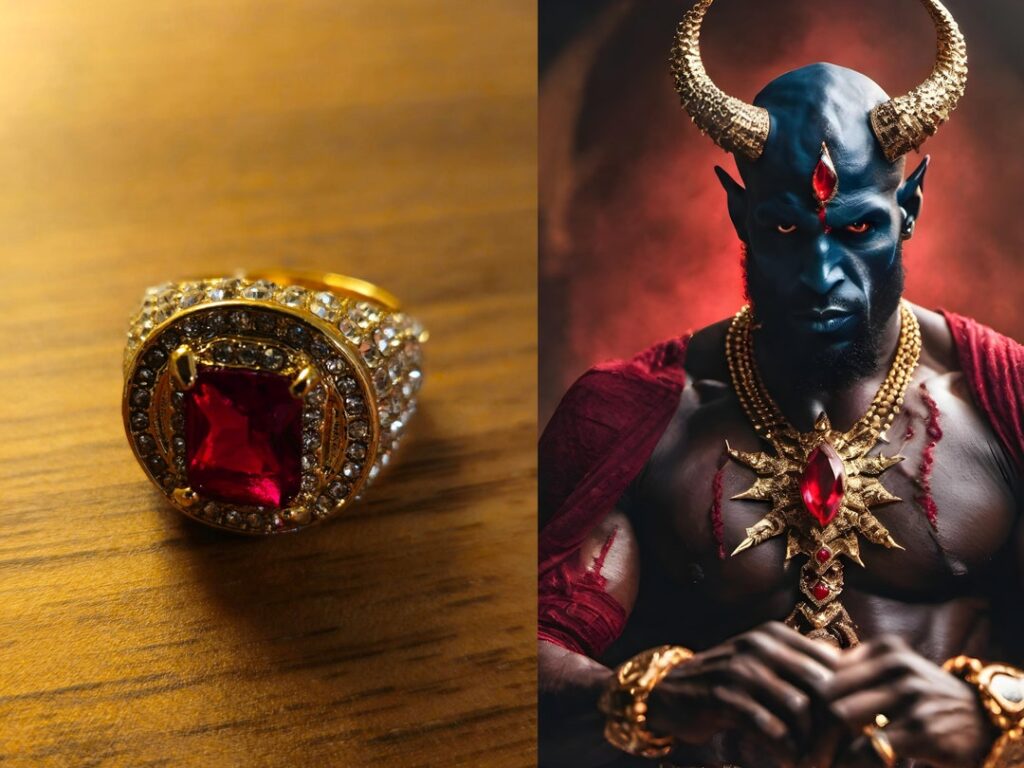 A gold ring with a red stone is on the left, and a muscular blue demon with red eyes is on the right.